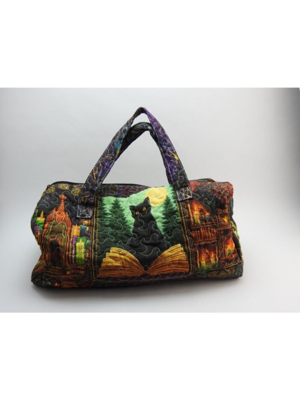 Handmade Quilted Black Cat Book Witchy Duffel Bag Gothic Overnight Halloween - Picture 4 of 6